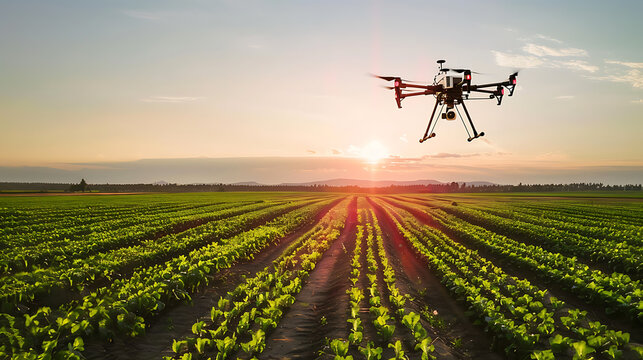 Drone flying over a cultivated field at sunset