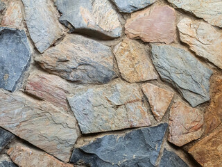 A wall made of stones with a blue and brown color
