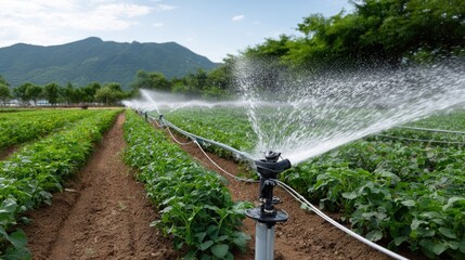 Rows of green plants are being watered by sprinklers under a clear blue sky and the warm glow of late afternoon sunlight