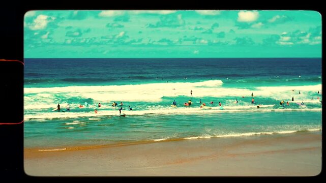 Surf lessons, colourful surfers learning how to surf in Atlantic Ocean, retro 8mm film vintage camcorder look