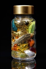 Una botella llena de elementos marinos y suplementos, creando una composición artística y surrealista.