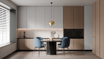 Modern Kitchen Interior with Scandinavian Furniture, Blue Dining Chairs, Terrazzo Backsplash, and Pendant Light – 3D Render