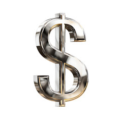 A reflective metallic dollar sign is isolated against a solid transparent background giving it a modern and almost digital look