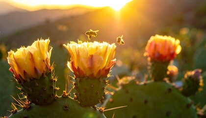 Cactus blossoms at sunset with bees