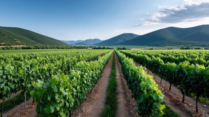 Fototapeta premium Vivid sunset colors envelop a vineyard, highlighting the lush grapevines and mountains, creating a peaceful and tranquil atmosphere