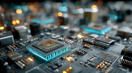 Obraz premium Intricate Macro Shot of Microchip Circuits Showcasing Detailed Silicon Wafer Patterns for Advanced Technology Insights