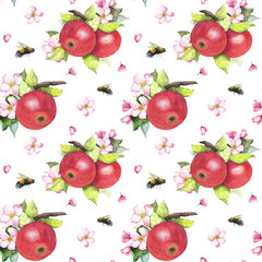 apples on a branch, pink flowers and bumblebees, seamless watercolor pattern, illustration for packaging, design, invitations, postcards