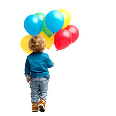 Child walking away with colorful balloons in hand Back view of kid in denim clothes with cheerful party decorations Celebration