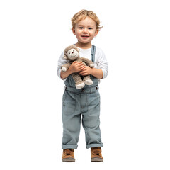 Adorable toddler with curly blonde hair in overalls holding a cute plush monkey smiling warmly at the camera on a transparent background