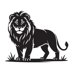 Majestic black lion standing proudly on grass, a symbol of power and strength, isolated on white background technology background