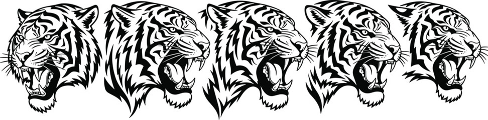 Roaring tiger head illustration set, fierce wild cat graphic, black and white tattoo design, jungle predator artwork, powerful animal clipart collection