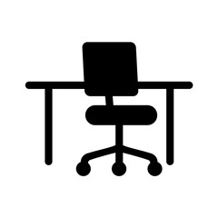 Simple black silhouette of an office desk and chair.