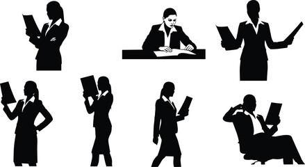 Business Silhouettes Featuring Professionals Reading, Comparing, Presenting, and Relaxing with Documents for Office, Corporate, and Educational Design Content