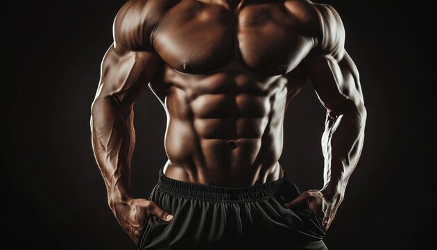 Young Bodybuilder Flaunts His Physique From A Bottom View Against A Black Background. Confident Fitness Man Exhibits Strong Hands, Abs, And Abdominal Muscles Under Dramatic Lighting.