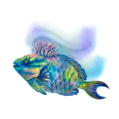Fototapeta premium Neon tropical parrotfish with rainbow anemones. Underwater seascape in watercolor style. Template for design, cards, posters, children's books, stickers, scrapbooking, textiles, diving and snorkeling