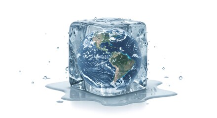 An abstract representation of the Earth enclosed in an ice cube, symbolizing climate change