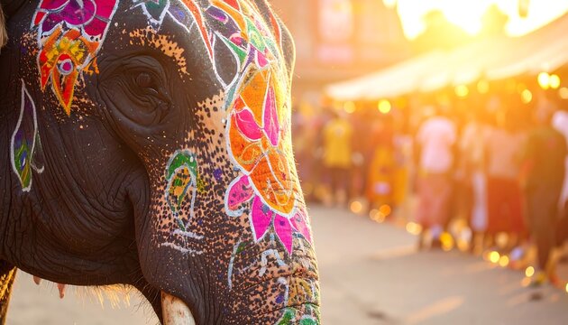 Close Up of a Painted Elephant During a Festive Parade.