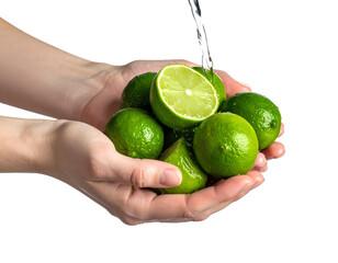 Fresh limes under running water in hand natural light photograph PNG