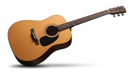 Obraz premium A close-up view of an acoustic guitar, showcasing its elegant design and wooden construction. The instrument is positioned at an angle, offering a detailed perspective of its various components