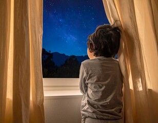 Child gazing at a night sky through a window