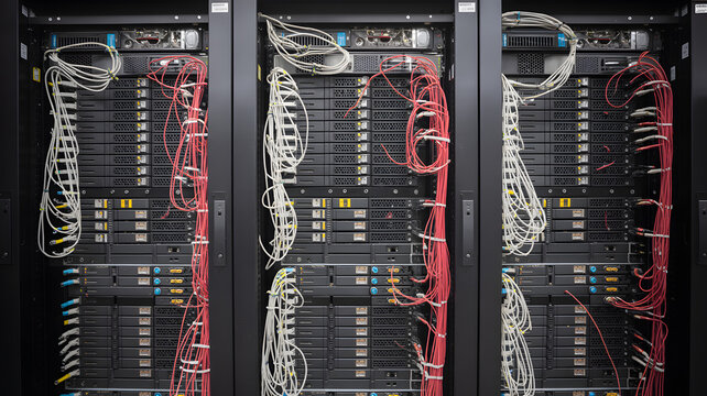 A close up view of server racks with cables in a data center showing network infrastructure setup