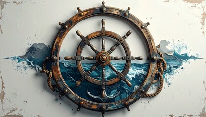Vintage Wooden Ship Steering Wheel with Nautical Ocean Waves