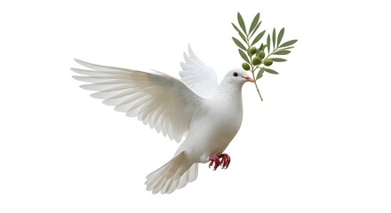 Fototapeta premium A symbol of peace: A dove gracefully soaring through the air, carrying an olive branch in its beak