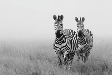Obraz premium Two zebras stand in a field shrouded in a misty atmosphere, their black and white stripes stark against the muted tones of the landscape.