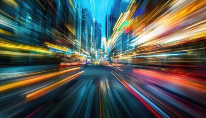 Cityscape With Abstract Motion Blur Effect And Sense Of Speed In Motion. An Artistic Portrayal Of A Bustling Urban Environment In Motion.