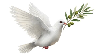 Fototapeta premium A white dove in flight carrying an olive branch, a symbol of peace and hope