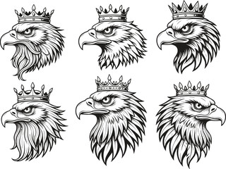 Royal eagle head illustration set, majestic bird of prey with crown, vintage tattoo style, heraldic emblem, powerful animal graphic design