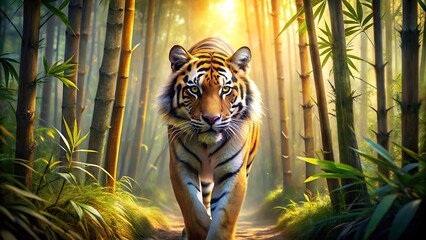 A majestic tiger strides through a bamboo forest, the sunlight creating a beautiful and captivating scene of natures beauty