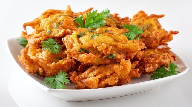 Stunning photo of delicious crispy pakora snacks arranged on a white plate. Spicy Indian fritters. Tasty food dish served as starter or a light snack. Isolated on a white.