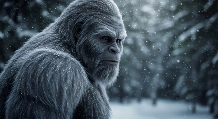 Mysterious bigfoot in winter forest with snow falling around