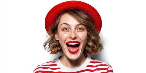 Joyful Woman in Red Hat Celebrates with Laughing Expression on White Background