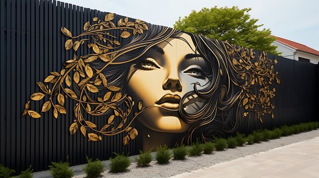 Dramatic mural of a woman's face with golden foliage adorning a black fence creates urban intrigue
