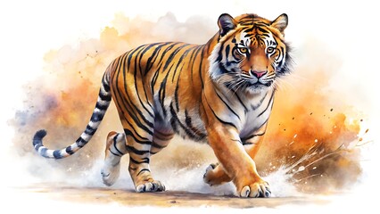 Watercolor painting of a walking tiger with orange and black stripes isolated on white background