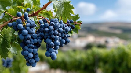 Bunches of blue grapes dangle from vines, showcasing the beauty of a tranquil vineyard with a blurred backdrop of hills and houses