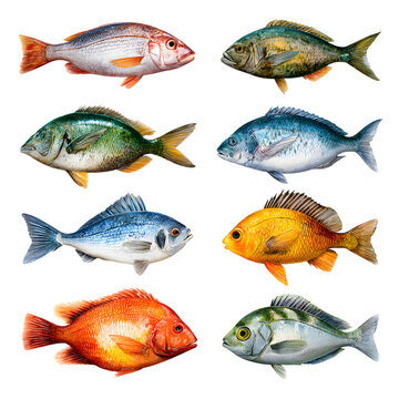 Colorful collection of eight different species of fish on transparent background