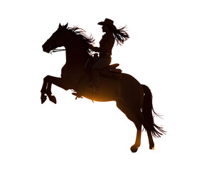 Silhouette of a cowboy riding horse rearing up isolated  