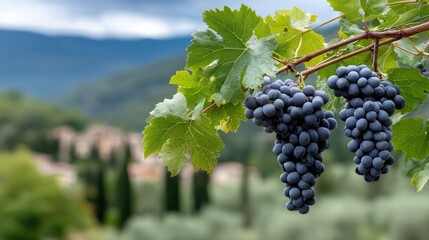 Bunches of blue grapes dangle from vines, showcasing the beauty of a tranquil vineyard with a blurred backdrop of hills and houses