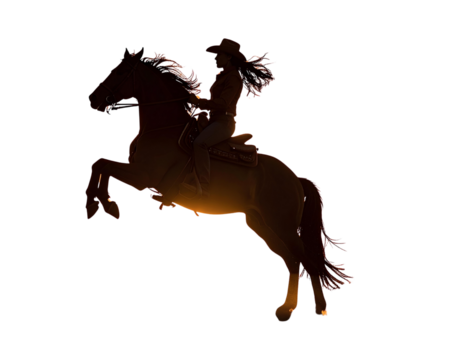 Silhouette of a cowboy riding horse rearing up isolated  