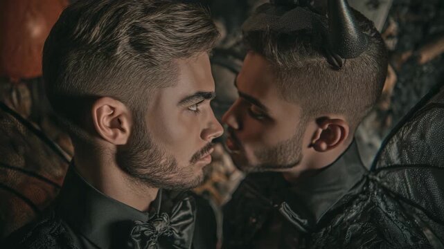Young gay couple dressed as dark fairies or devils for Halloween