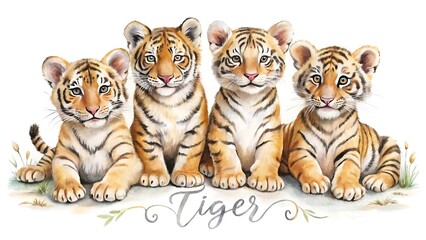 Naklejka premium Adorable tiger cubs sitting together, showcasing their playful nature and captivating charm, isolated on white background