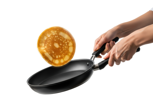 Gender-neutral hands expertly flipping a golden-brown pancake mid-air from a sleek black frying pan against a pristine transparent studio background, Concept of culinary skill