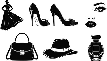 Fashion Silhouettes Featuring Dress, Heels, Eye and Lip Detail, Handbag, Hat, and Perfume for Style, Beauty, and Glam Design Content