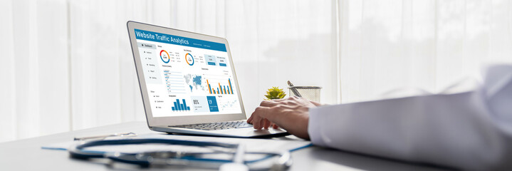 Computer software for website traffic analytics data on computer screen. Concept of SEO search engine optimization and customer targeting for online business brisk