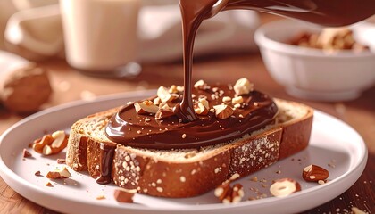 Chocolate hazelnut spread on toast being drizzled