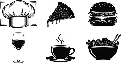 Food Silhouettes Featuring Pizza, Burger, Wine, Coffee, Salad, and Chef Hat for Culinary, Restaurant, and Hospitality Design Content