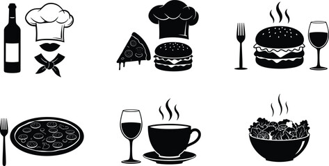 Food Silhouettes Featuring Pizza, Burgers, Wine, Coffee, Salad, and Chef Symbols for Culinary, Restaurant, and Hospitality Design Content